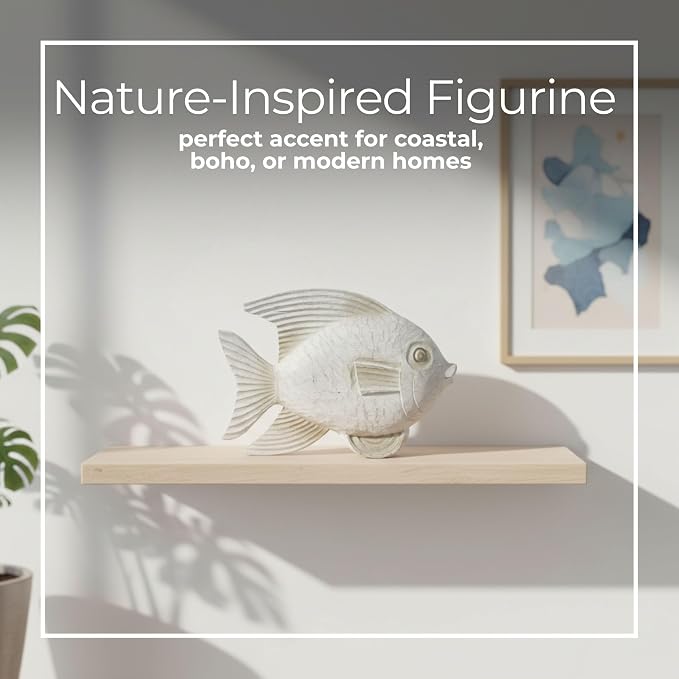 Bookshelf Decor Fish Figurine–White Wash Polyresin Decorative Accessory for Living Room, Coffee Table or Shelf – Aesthetic Boho Shelf Decor, Decorative Objects for Living Room – 13", White
