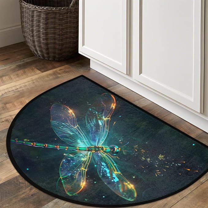 Dragonfly Animal Half Round Door Mat Semi Circle Rug Half Moon Doormat | Dragonfly Green Soft Washable Welcome Entrance Mat for Outdoor Indoor Floor Bedroom Bathroom Home Kitchen Festival Decor
