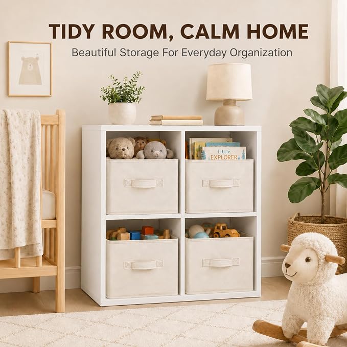 Yinder Cube Storage Bin Storage Bins for Room Decor Colorful Bins Foldable Baskets for Nursery Organizer Boxes Fabric Boxes(14''x10''x8'',Beige,4 Pcs)