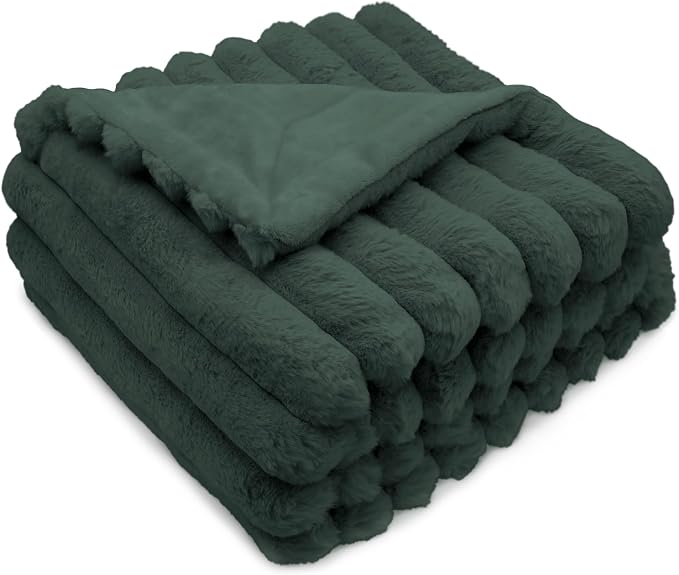 DEZ FURNISHINGS Luxury Reversible Textured Stripe Faux Fur & Velvet Throw Blanket, Throw XL (50" x 70"), Deep Forest Green