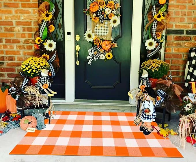 Fall Layered Doormat 27.5 x 43 inch,Orange and White Plaid Rug Cotton Woven Washable Front Door Mat Outdoor Checkered Area Rug for Porch,Entryway,Farmhouse,Halloween,Indoor,Outdoor