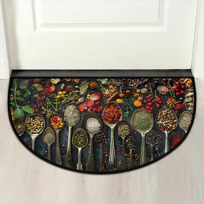 Spices Half Round Doormat Non-Slip Semi Circle Rug Half Moon Mat | Chili Kitchen Spoon Washable Soft Absorbent Indoor Outdoor Entrance Kitchen Bathroom Sink Patio Welcome Fireplace Floor Rug