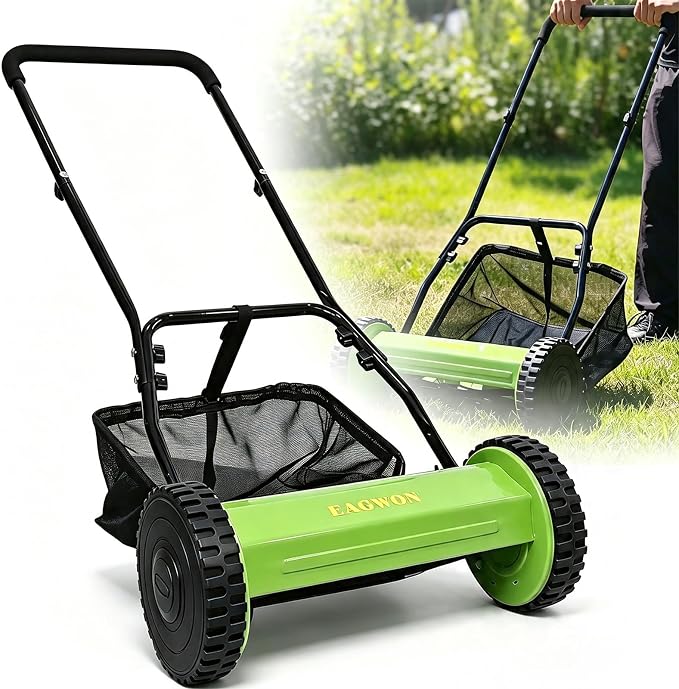 Push Lawn Mower, 16-Inch 5-Blade Walk-Behind Manual Push Reel Lawn Mower - Cordless, Adjustable Height for Effortless Yard & Garden Grass Cutting