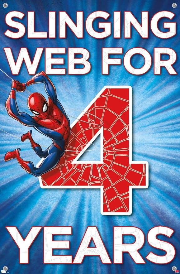 Trends International Marvel Spider-Man - Happy 4th Birthday Wall Poster, 14.72" x 22.37", Premium Poster & Push Pin Bundle