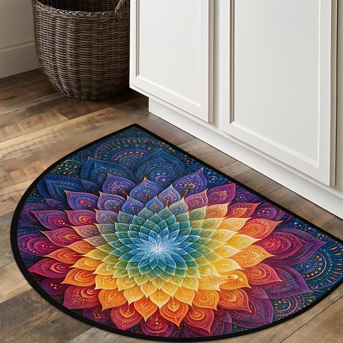Rainbow Half Round Door Mat Semi Moon Rug Fireplace Carpet Area Rugs | Mandala Color Non Slip Absorbent Half Circle Mat Carpet for Indoor Outdoor Patio Kitchen Bathroom Entryway Home Decor