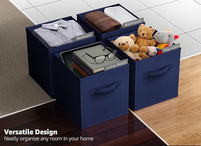 Sorbus Foldable Storage Cubes - 6 Fabric Baskets for Organizing Pantry, Closet, Shelf, Nursery, Playroom, Toy Box, Cubby -11 Inch Dual Handle Collapsible Closet Organizers and Storage Bins (Navy Blue)