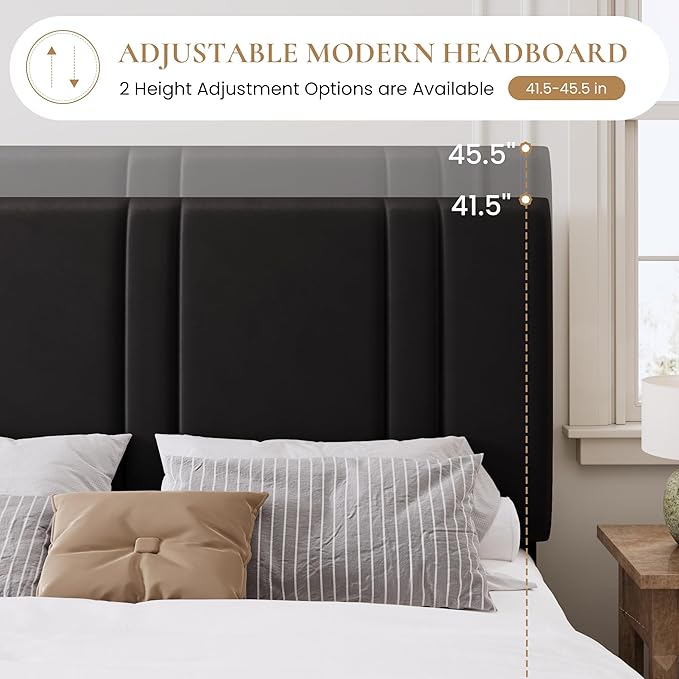 SHA CERLIN King Size Velvet Bed Frame with Adjustable Headboard, Black | Vertical Channel Tufted Design, Upholstered Platform Bed, Wood Slats Support/No Box Spring Needed/Easy Assembly