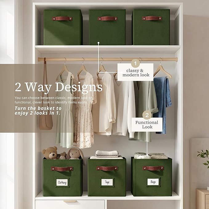 DECOMOMO Storage Bins, Cube Storage Bin with Labels | 13" x 13" x 13" Fabric Storage Cubes for Shelves (6pcs, Olive Green)
