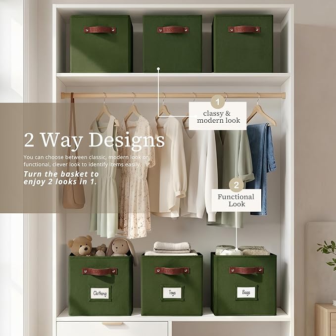 DECOMOMO Storage Bins, Cube Storage Bin with Labels | 10.5" x 11" Fabric Storage Cubes for Shelves (6pcs, Olive Green)
