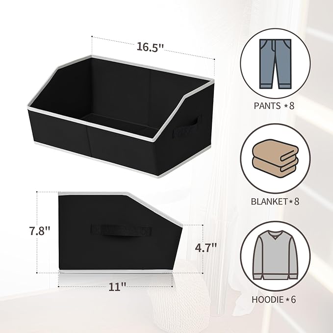 Homsorout Storage Baskets for Shelves - Trapezoid Cube Storage Organizer Bins, Decorative Storage Baskets with Handles, Large Shelves Organizer for Home, Office, Dorm, Black, 4 Pack