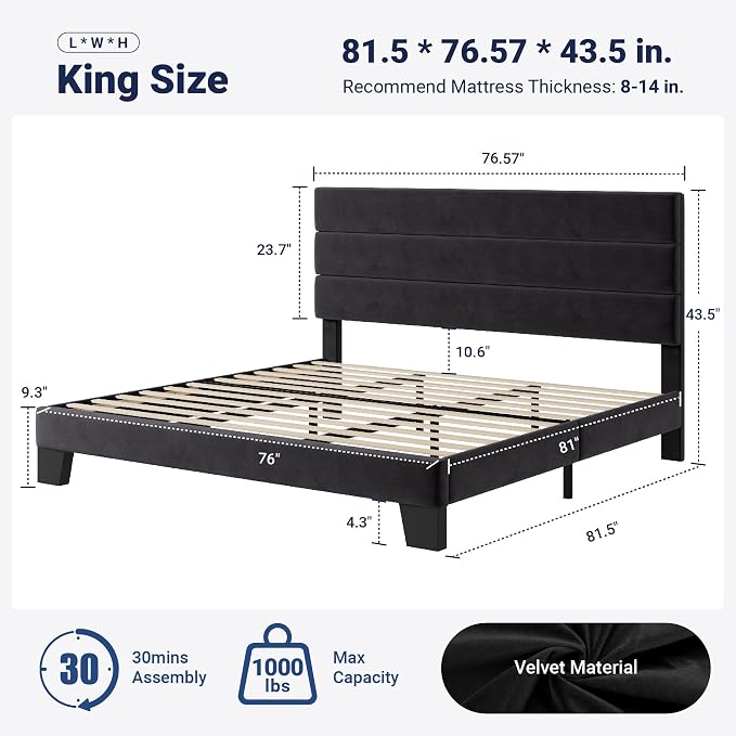 Allewie King Size Platform Bed Frame with Velvet Upholstered Headboard | Wooden Slats Support, Fully Upholstered Mattress Foundation, No Box Spring Needed, Easy Assembly, Noise-Free, Black