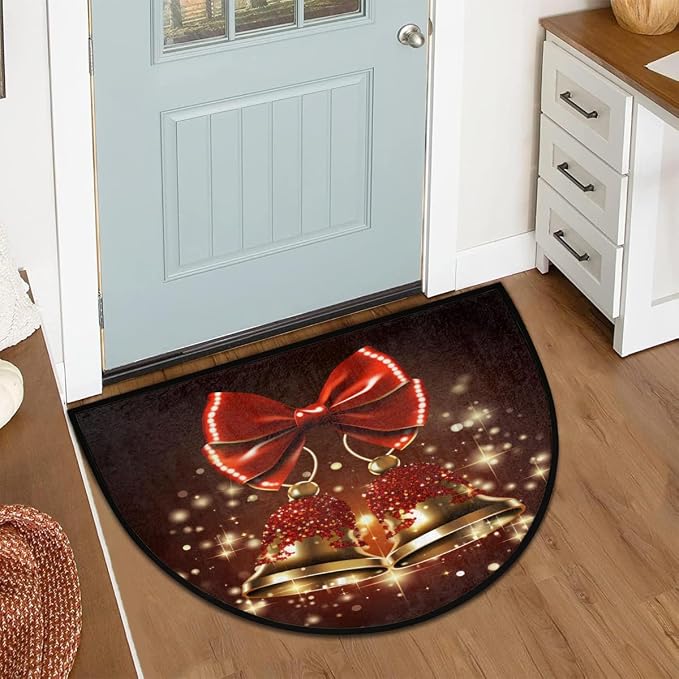 cfpolar Christmas Red Bells Xmas Half Round Door Mat Outdoor Entrance Large 24"x36" Half Circle Welcome Entrance Way Mat Semi Circular Front Door Mat Area Rug for Garage, Patio, High Traffic Areas