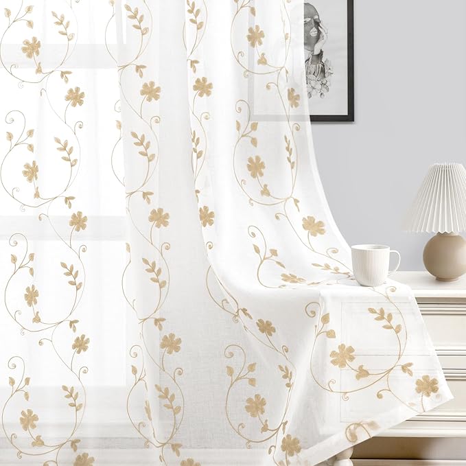 HOMEIDEAS Yellow Sheer Curtains 63 Inch Length 2 Panels Yellow and White - Image 7