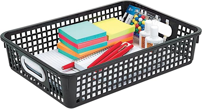 Really Good Stuff Multi-Purpose Small Desktop Paper Storage Baskets, 4 Pack | 14" x 10" x 3.25", Black, Classroom Organization, Stackable Mesh Plastic Baskets with Grip Handles