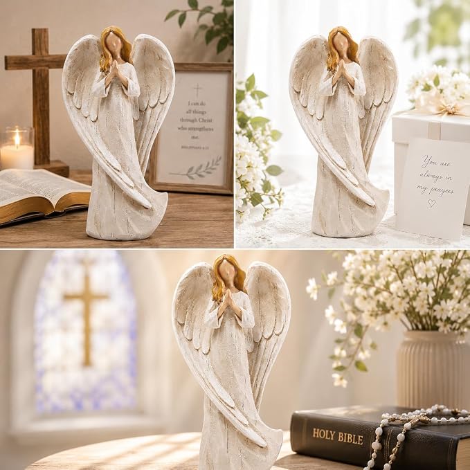 Hodao Praying Angel Figurine Resin Guardian Angel Statue for Home Decor, Elegant White Blessing Sculpture for Shelf Table Mantel, Keepsake Gift for Mom, Women and Family