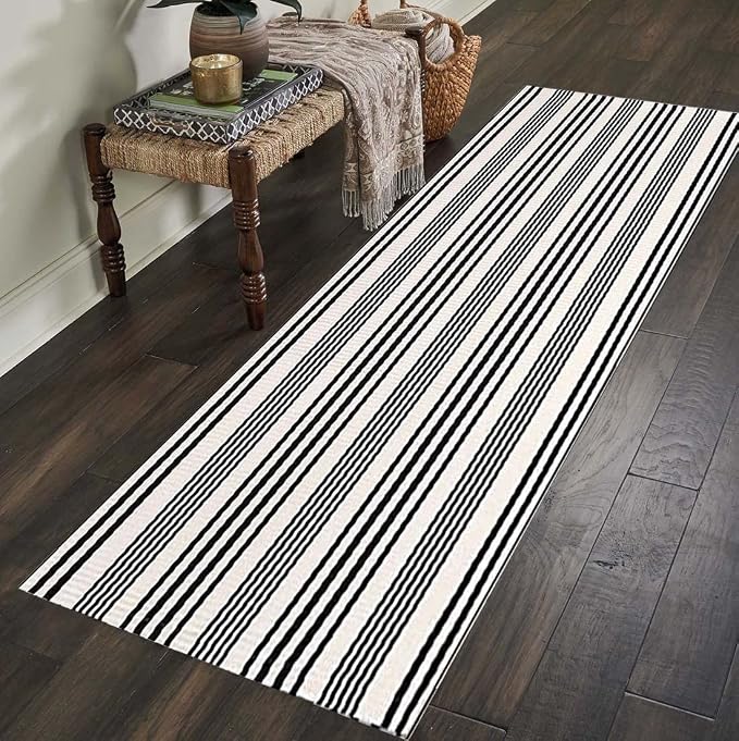 BUAGETUP Black and White Striped Hand-Woven Cotton Runner Rug 2x6ft Machine Washable Indoor Outdoor Doormat for Front Porch Entryway Rug
