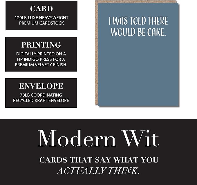 Happy Birthday Card - Single 4.25 X 5.5 Greeting Card With Envelope, Blank Inside, Funny Cards For Men And Women, I Was Told Here Would Be Cake