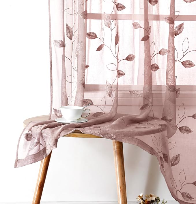 HOMEIDEAS Blush Pink Floral Sheer Curtains 84 Inches Long 2 Panels Embroidered - Image 2