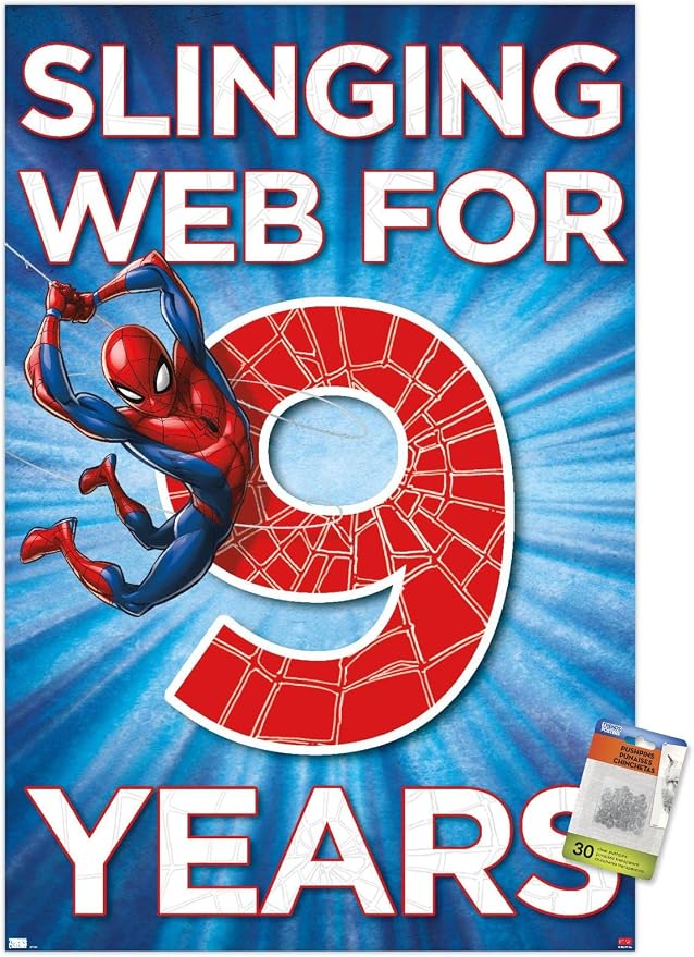 Trends International Marvel Spider-Man - Happy 9th Birthday Wall Poster, 22.37" x 34.00", Premium Poster & Push Pin Bundle