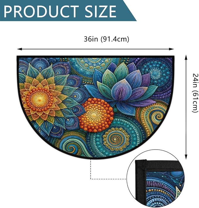 Flower Half Round Door Mat Semi Moon Rug Fireplace Carpet Area Rugs | Colorful Ornate Non Slip Absorbent Half Circle Mat Carpet for Indoor Outdoor Patio Kitchen Bathroom Entryway Home Decor