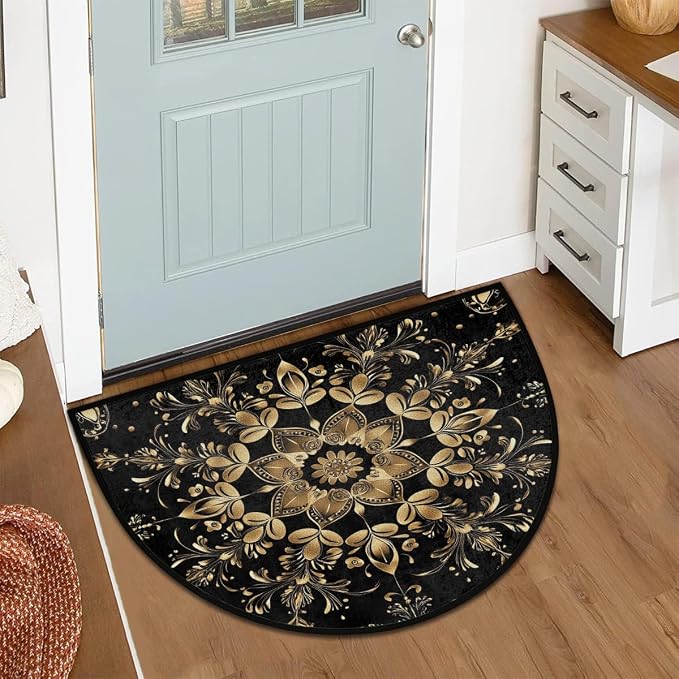 Black Gold Half Round Doormat Semi Circle Rug Half Moon Rug Entryway Mat | Flower Boho Washable Non Slip Outdoor Floor Rug Kitchen Mat for Indoor Outdoor Bathroom Fireplace Bath Decor