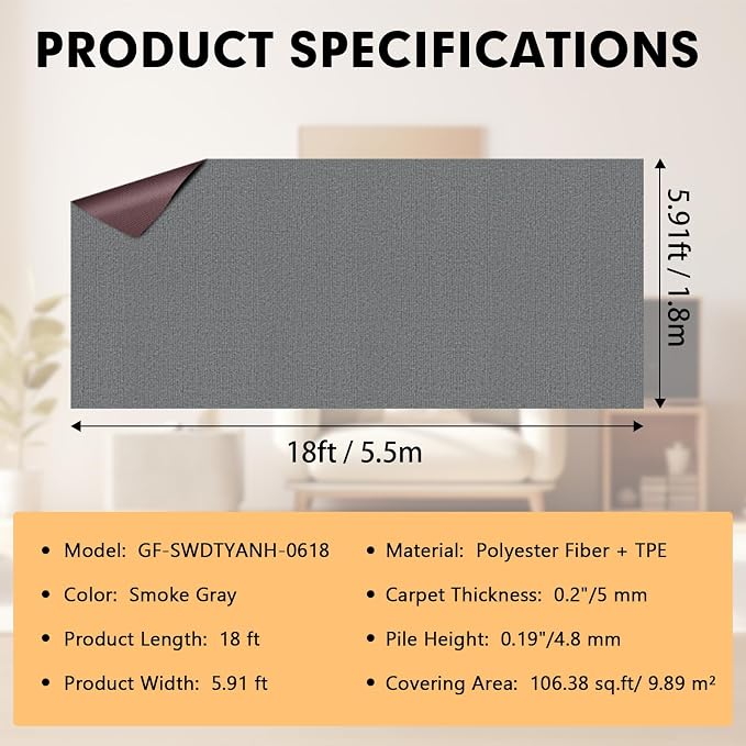 Grefinity Marine Carpet,6 FT x 18 FT Smoke Gray Indoor Outdoor Carpet 0.2" Thick Boat Rug with Water-Proof TPE Backing for Home, Patio, Porch, Deck
