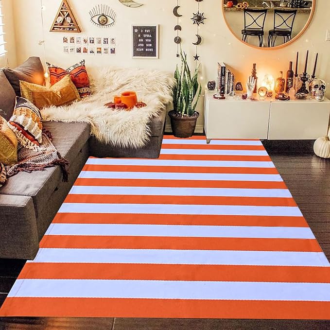 Bottalive Fall Decor Orange Striped Rug, 4' x 6' Cotton Reversible Foldable Washable Area Rug, Layering Rug for Hello/Welcome Door Mat, Washable Cotton Woven Farmhouse Mat for Front Porch