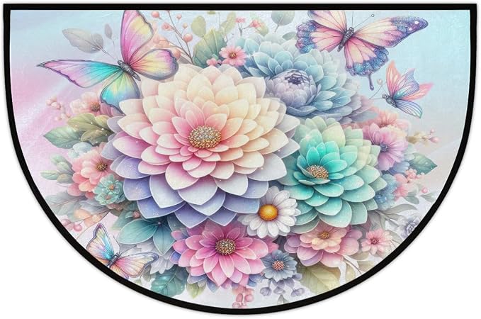 Butterfly Half Round Door Mat Non Slip Half Circle Rugs | Flower Animal Washable Half Moon Rug Semi Circle Rugs Indoor Entrance Floor Carpet for Kithen Bedroom Fireplace Decor