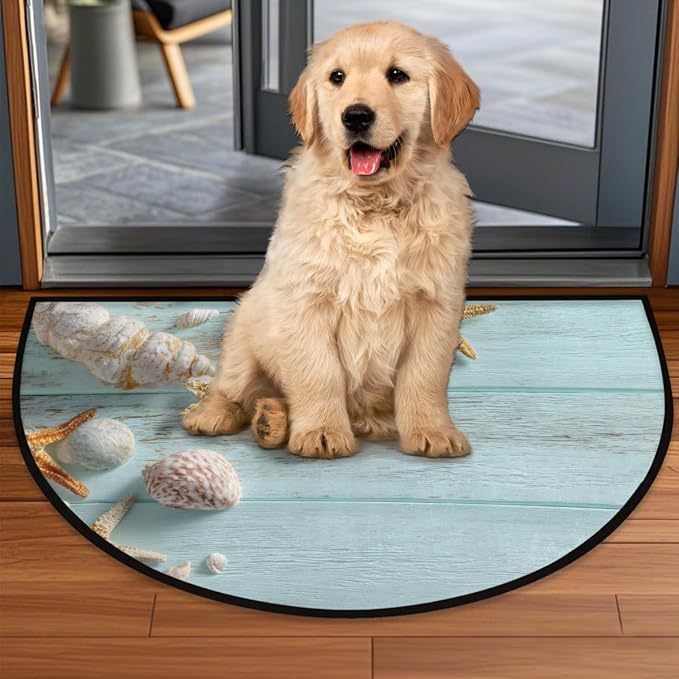 Starfish Wood Half Round Door Mat Welcome Entrance Mat Bath Bathroom Rug | Starfish Wood Welcome Entrance Mat Anti-Slip Half Moon Bath Mat Semi Circle Rug Indoor Outdoor Kitchen Rug