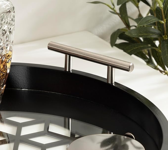 Kate and Laurel Caspen Cut Out Pattern Decorative Round Tray with Silver Metal Handles; 16 x 16; Black and Silver; Modern Glam Serving Tray with Handles for Living Room Decor