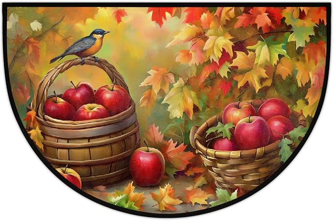 Half Round Door Mat Autumn Fall Apple Animal Half Moon Rug Washable Half Circle Area Rugs Indoor Entrance Non Slip Semi Circle Bathroom Rugs Floor Carpet for Kithen Bedroom Fireplace Decor