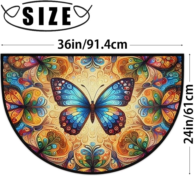 Colorful Butterfly Half Round Mat Half Moon Door Rug Washable Durable Semi Circle Carpet Floor mats for Indoor Outdoor Bathroom Kitchen Patio Hearth Rug Laundry Room Home Decoration