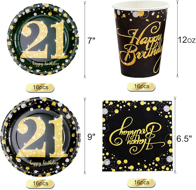 21st Birthday Party Supplies Set-16 Guests-Black And Gold Disposable Tableware kit, 21 Years Birthday Decorations, Include Paper Plates, 12oz Cups Napkins Banners Tablecloth Straws Cutlery…