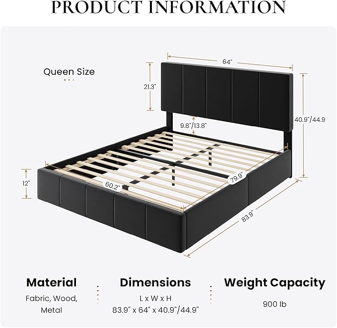 SHA CERLIN Queen Bed Frame, Dutch Velvet Upholstered Platform Bed, Vertical Channel Tufted Adjustable Headboard, Low Profile Bed Frame, No Box Spring Needed, Easy Assembly, Black