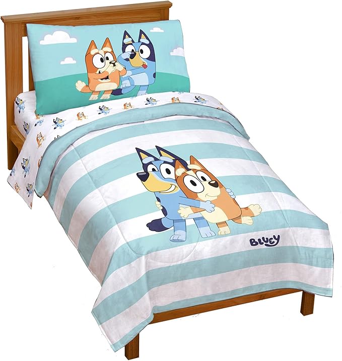 Jay Franco Bluey & Bingo 4 Piece Toddler Bedding Set, Kids Comforter Set | Bed in a Bag, Comforter Sheets Pillowcase, Official Brand, Soft Microfiber, Machine Washable, Easy Care, Kids Gift