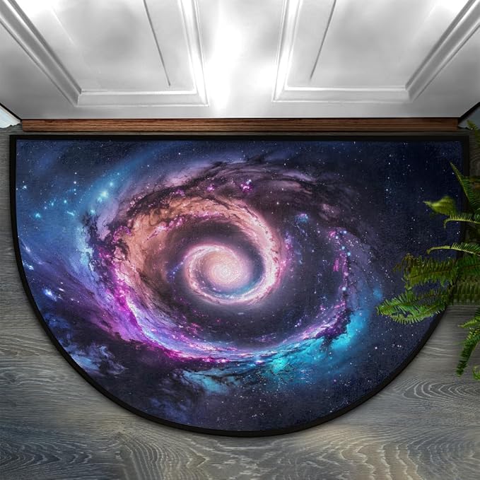 Galaxy Half Round Doormat Non-Slip Semi Circle Rug Half Moon Mat | Blue Universe Washable Soft Absorbent Indoor Outdoor Entrance Kitchen Bathroom Sink Patio Welcome Fireplace Floor Rug