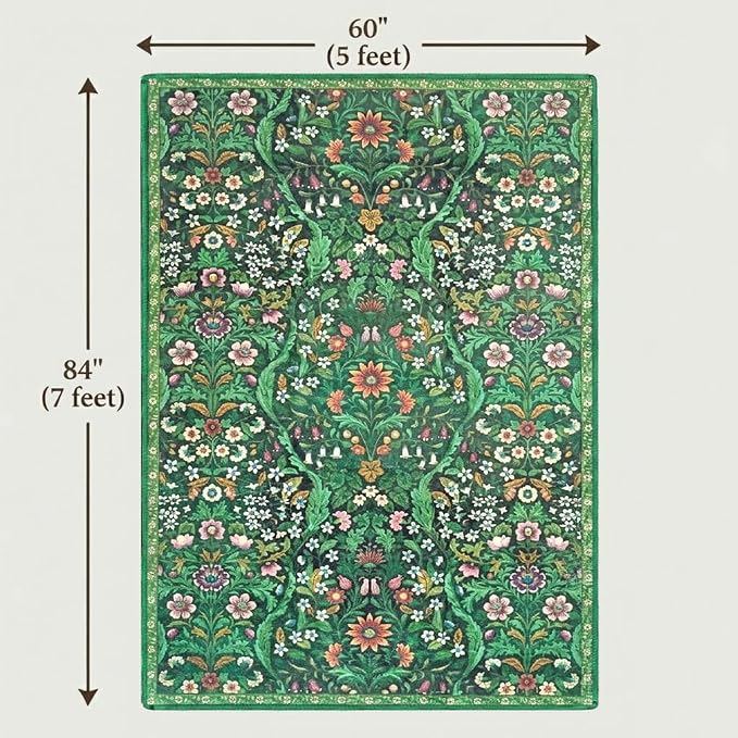 Dark Green Boho Rug 5x7, Living Room Vintage Non-Slip Rugs, Washable Floral Rug, Non-Slip Botanical Carpet for Bedroom Stain Resistant for Dining Room, Office, Home Decor