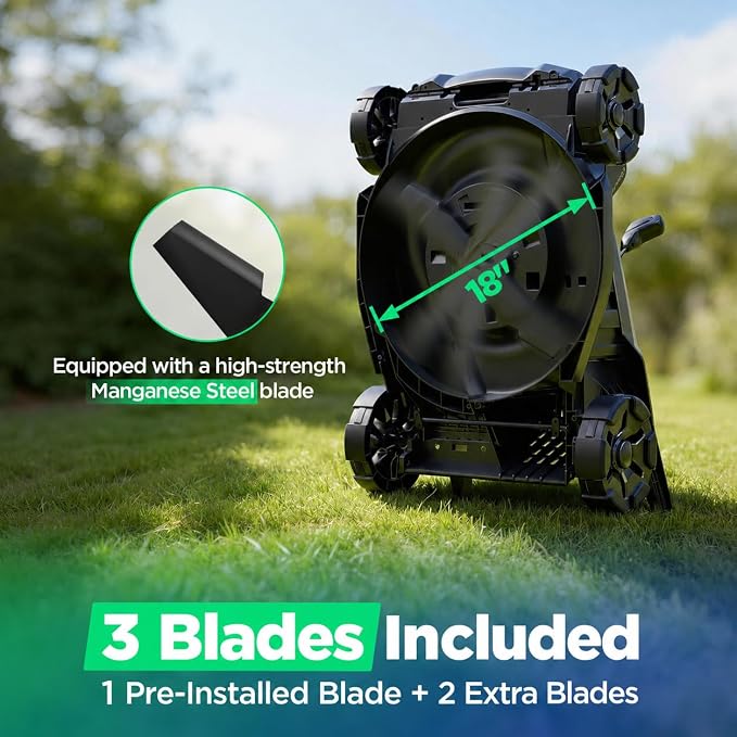 18" 40V Brushless Cordless Electric Lawn Mower | Includes Two 20V 8.0Ah Batteries & Charger, 6-Level Height Adjustment (25mm-75mm), 50L Collection Bag, and 2 Spare Blades