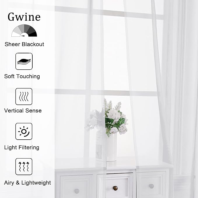 Gwine Extra Long White Sheer Curtains 120 Inches Long 2 Panels Set, Voile Light - Image 2