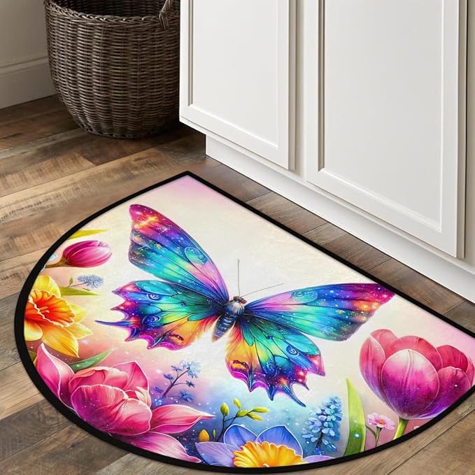 Butterfly Half Round Door Mat Non-Slip Semi Circle Rug Half Moon Doormat | Rainbow Butterfly Soft Washable Welcome Entrance Mat for Outdoor Indoor Floor Bedroom Bathroom Home Kitchen Festival Decor