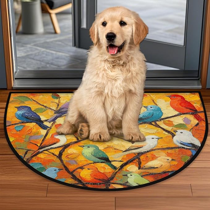 Pardick Half Round Door Mat Oil Painting Bird Anti-Slip Semi Circle Rug 24X36 Entrance Welcome Mats Indoor Outdoor Door Mat, Washable Decorative Floor Mats for Kitchen Bathroom Hearth Fireplace