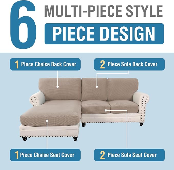H.VERSAILTEX Sectional Couch Covers 6 Pieces Stretch Sofa Covers for Sectional Sofa Set Separate L Shaped Couch Cover for Both Left/Right Couch (Seat and Back: 1 Chaise + 2 Sofa, Sand)