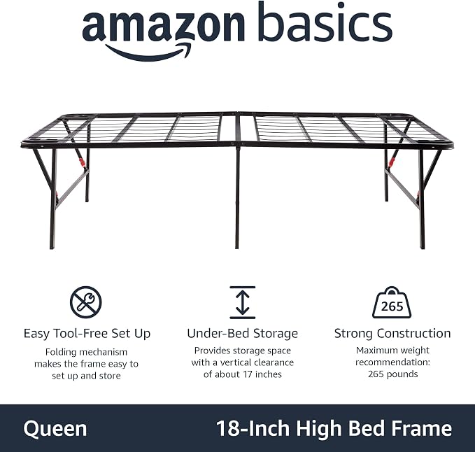 Amazon Basics Foldable Metal Platform Bed Frame with Storage, Sturdy Steel, No Box Spring Needed, 18 Inches High, Tool-Free Easy Assembly, Noise-Free, Queen Size, Black