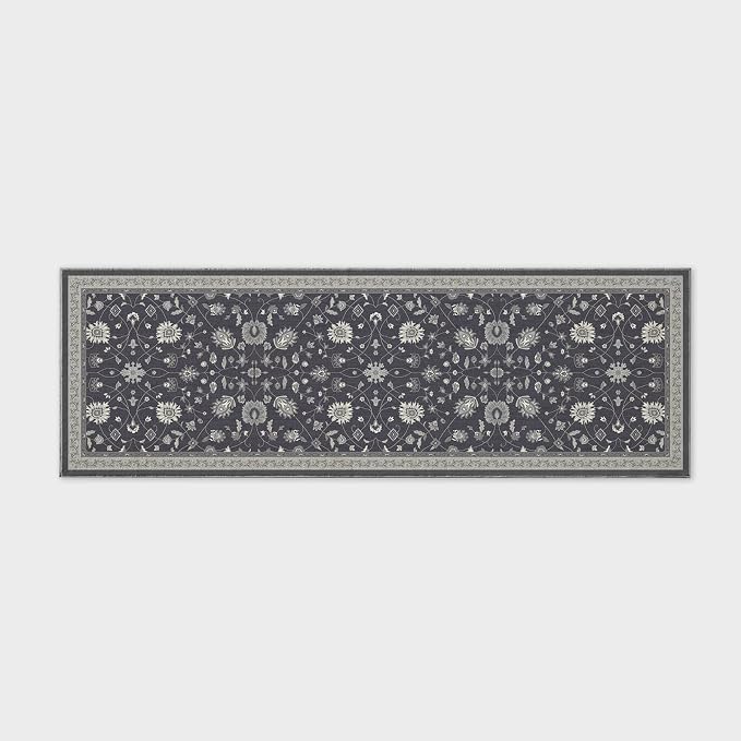 EVERGRACE Hallyway Area Runner Rugs 2x6, Boho Floral Faux Wool Indoor Outdoor Rugs, Washable Rugs for Bedroom Bathroom Living Room Kitchen, Low Pile Floor Mat Carpet for Home Decor, Ebony Black