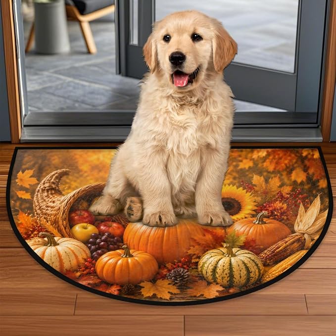 cfpolar Autumn Half Round Door Mat Outdoor Doormat Bedroom Entrance Rug A23 | Autumn Fall Pumpkin Semi Moon Door Mat Non-Slip Absorbent Kitchen Rug Indoor Welcome Bath Mat 36" X 24"