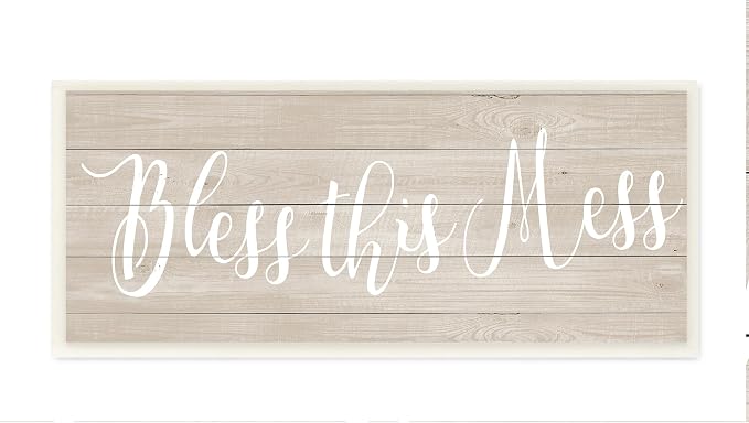 Stupell Industries Bless This Mess Family Home Inspirational Word Textured Wood Design Wall Plaque Art by Anna Quach, 7 x 0.5 x 17, Multi-Color