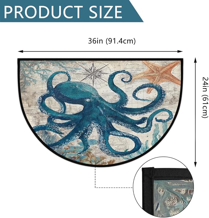 Map Half Round Rug Half Moon Door Mat Half Circle Rugs | Octopus Retro Washable Non-Slip Semi Circle Rug Welcome Half Round Door Mat Indoor Entrance Bedroom Living Room Decor B604