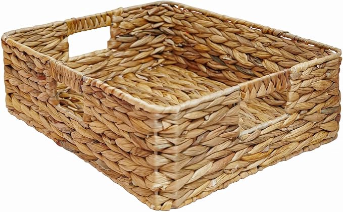 Rectangular Water Hyacinth Storage Baskets, Wicker Woven Shelves Baskets | Three-sided handle design,Handwoven from natural water hyacinth, For the living room, bedroom, storage room, and vanity