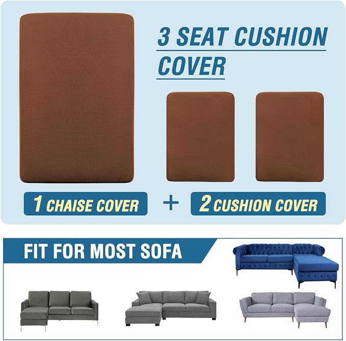 H.VERSAILTEX Sectional Couch Covers 3 Pieces Sofa Seat Cushion Covers L Shape Separate Cushion Couch Chaise Cover for Both Left/Right Sectional Couch (Seat Only: 1 Chaise + 2 Sofa, Caramel)