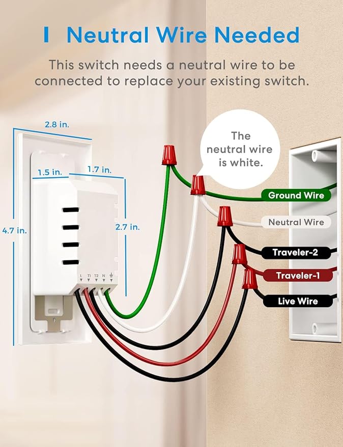 meross 3-Way Smart Switch 1 Pack, Neutral Wire Required, Compatible with Apple HomeKit, Alexa, Hey Google and SmartThings, Single Pole & 3 Way, 2.4GHz Wi-Fi, Remote and Voice Control, No Hub Required